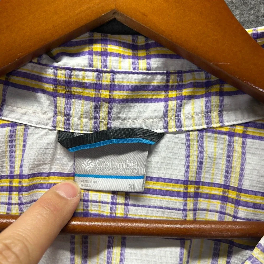 Columbia Mens Omni-Shade‎ Plaid Short Sleeve Button Down Shirt Purple Yellow XL